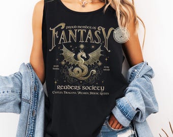 Comfort Colors* Fantasy Readers Society Tank-top Dragon Book Shirt Mythical Creatures Book Top Bookish Vintage Reading T-shirt for Women