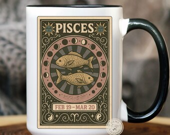 Pisces Tarot Zodiac Mug - Vintage Astrology Coffee Cup, Pisces Gift for Her/Him, Horoscope Birthday Gift, Celestial Star Sign Mug