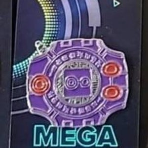 May include: Purple and silver enamel pin with a stylized design of a computer chip and the text "MEGA BITEZ".
