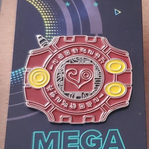 May include: A red and silver Digimon pin with a yellow heart symbol and the text "MEGA BITEZ" in a neon green and yellow font.