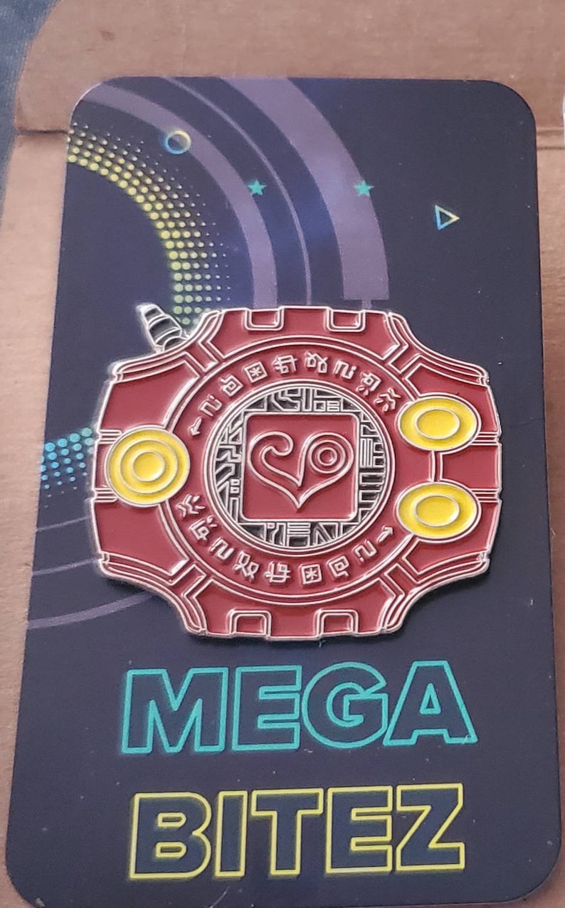 May include: A red and silver Digimon pin with a yellow heart symbol and the text "MEGA BITEZ" in a neon green and yellow font.