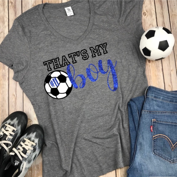 Thats my boy V Neck Soccer Mom Shirt with Blue Glitter and black and white design with soccer ball, Soccer Mom Shirt, Gift for soccer mom