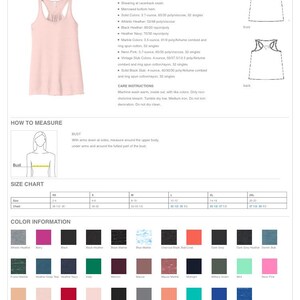 May include: A light pink Bella+Canvas Women's Flowy Racerback Tank top. The tank top has a relaxed, drapey fit, tear-away label, and side seams. The image also includes a size chart and color options.