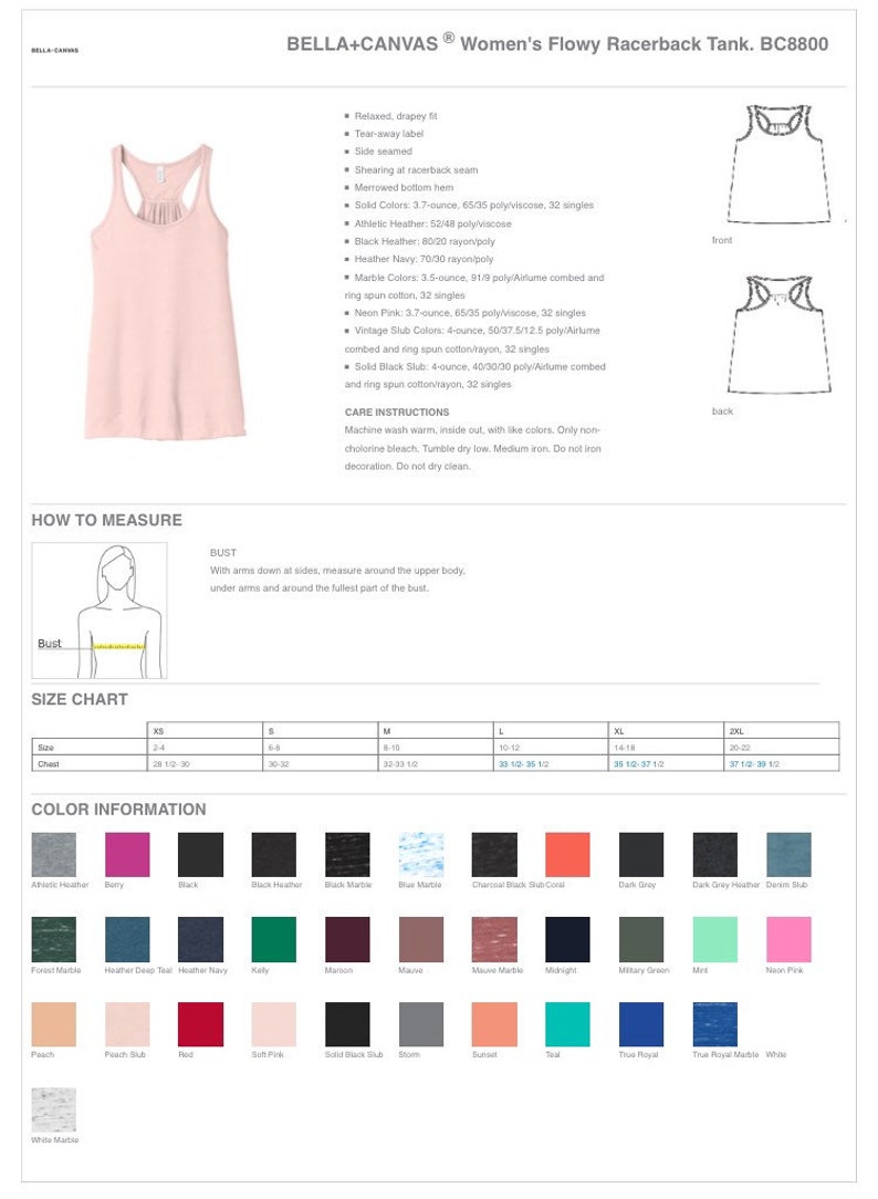 May include: A light pink Bella+Canvas Women's Flowy Racerback Tank top. The tank top has a relaxed, drapey fit, tear-away label, and side seams. The image also includes a size chart and color options.