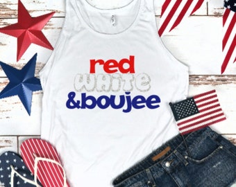Chemise rouge blanc et boujee, chemise 4 juillet, chemise 4 juillet, chemises d'été, chemise USA, t-shirts patriotiques, chemises boujee, chemises femme
