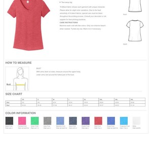 May include: A red v-neck t-shirt. The image includes a size chart, color options, and care instructions. The bust measurements range from 32-34 inches to 61-63 inches. The shirt is made of a lightweight, soft fabric.
