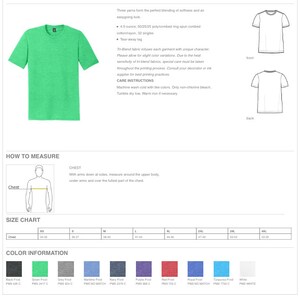 Pu&ograve; includere: Una t-shirt verde brillante a maniche corte con scollo rotondo. Le informazioni sul prodotto includono una tabella delle taglie con misure del torace in pollici da 34 a 55 e una tavolozza che mostra undici diverse opzioni di colore.