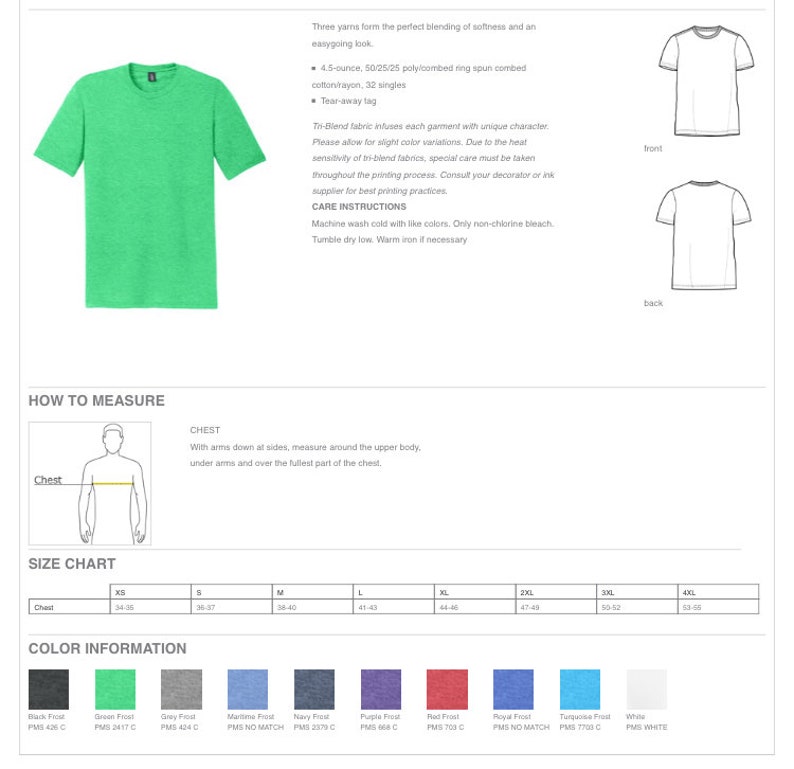 Pu&ograve; includere: Una t-shirt verde brillante a maniche corte con scollo rotondo. Le informazioni sul prodotto includono una tabella delle taglie con misure del torace in pollici da 34 a 55 e una tavolozza che mostra undici diverse opzioni di colore.