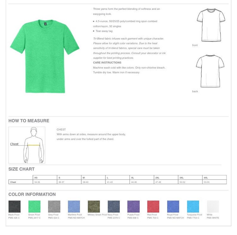 Peut inclure: Un t-shirt vert &agrave; manches courtes en m&eacute;lange de polycoton. L'image comprend un tableau des tailles, des options de couleurs et des instructions d'entretien. Le t-shirt est pr&eacute;sent&eacute; de face et de dos.