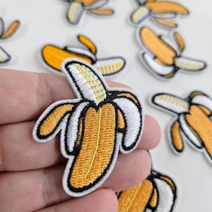 Banana Iron on Patch, Small Yellow Fruit Embroidery Applique, food patches -  5.2 cm