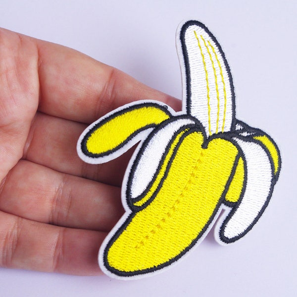 grand patch banane, patch brodé en tissu, écusson fruit exotique jaune, 8 cm