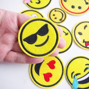 Smiley patch, Yellow face, Round Emoji , glasses, love, grumpy 5.3 cm