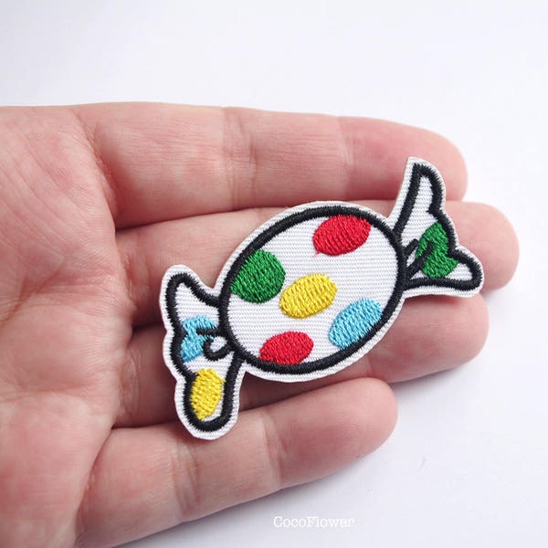 écusson bonbon multicolore à pois patch friandise applique sucrerie thermocollant à repasser ou à coudre