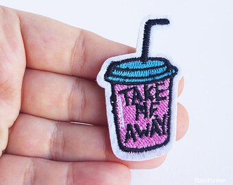 soda cup patch fast food drink iron on patches straw cup applique "Take me Away" 5,5 cm