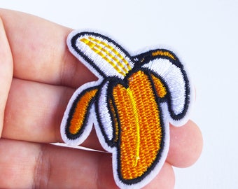 Banana Iron on Patch, Yellow Fruit Embroidery Applique, food patches -  5.2 cm