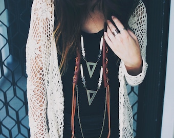 Golden Arrow Leather Ladder Necklace- Festival Style Tribal Bib | Modern Bohemain Chic | Deerskin Lace | Triangles