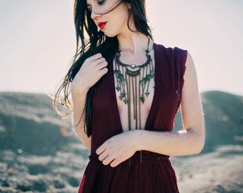 Golden Twilight Modern Bohemian Necklace- Rose Rhinestone Connector | Bronze Chains | Statement Bib Necklace