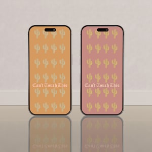 May include: Two phone mockups with a cactus pattern and the text "Can't Touch This" on the screen. The phone on the left has an orange background and the phone on the right has a pink background.