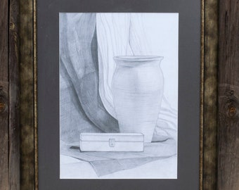 Dibujo a lápiz: Naturaleza muerta, arte mural, arte enmarcado (50 x 62 cm)