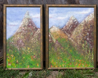 Pintura acrílica de paisaje de montaña: decoración de habitación en verde y marrón (66 x 40/52 cm)