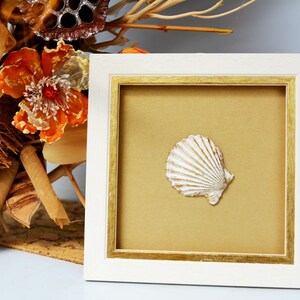 May include: A white seashell with a gold accent is displayed in a white frame with a gold inner border. The frame is sitting on a table with a brown surface.