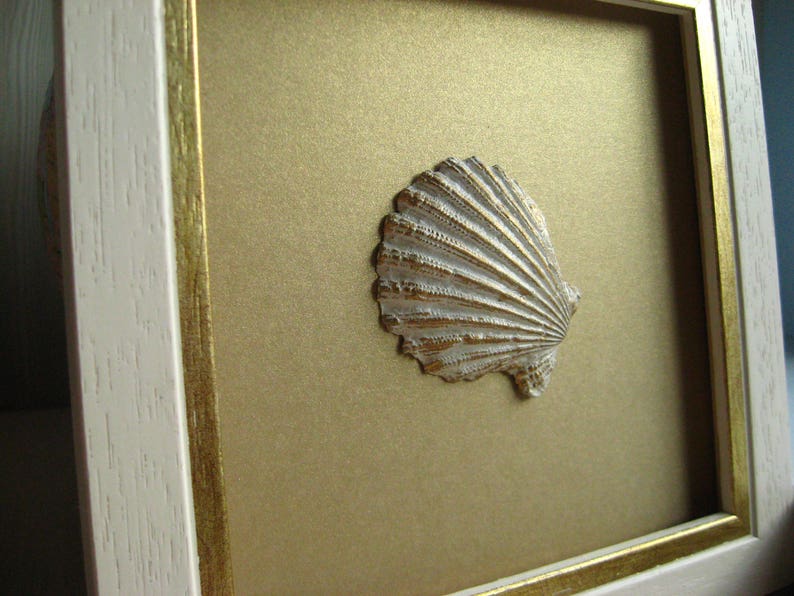 May include: A white picture frame with a gold trim surrounds a gold background with a white seashell in the center.