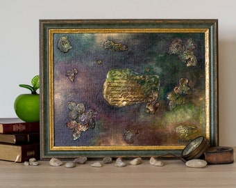 Pintura acrílica "Carta de amor": Arte mural con marco verde y dorado