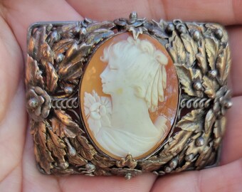 Antique Vintage Sterling Silver and 14K Gold Filled Carved Cameo Pin Brooch