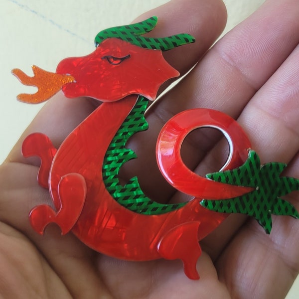 Vintage Lea Stein Paris Red and Green Dragon Pin Brooch Very Rare