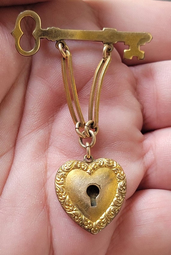 Antique Gold Filled Heart Lock and Key Pin Brooch