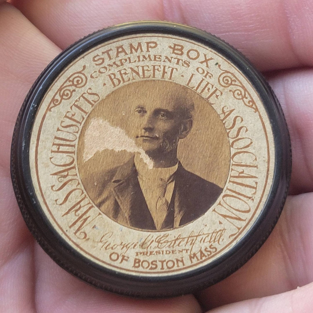 Antique US Postage Stamp Box 1893 Calendar Back Massachusetts Benefit Life Association Boston