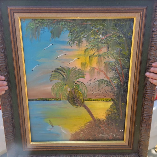 Michael Love Vintage Florida Highwaymen Style Painting Everglades Scene Signed - Al Black Protege Highwayman