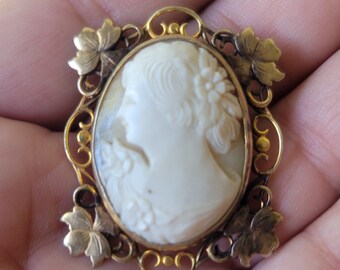 Antique Vintage Deco 12K Gold Filled Shell Cameo Pendant Pin Brooch Gorgeous