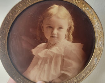 Antique Victorian Celluloid Photo Photograph of Lovely Young Blonde Girl in Ornate Brass Frame