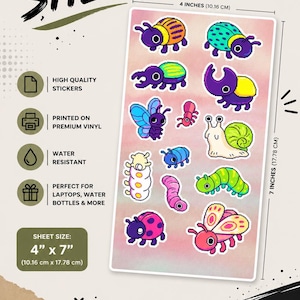 May include: A rectangular sticker sheet measuring 4 inches by 7 inches featuring various pixel art insects including beetles, a butterfly, a snail, a caterpillar, and a moth on a pink gradient background. The sheet includes text labels and icons.