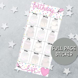 May include: A rectangular birthday list sticker featuring a grid of twelve cakes, one for each month from January to December. The design includes colorful sprinkles, pink piping, and a pink heart at the bottom, with the text Birthday and list.