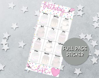 May include: A rectangular birthday list sticker featuring a grid of twelve cakes, one for each month from January to December. The design includes colorful sprinkles, pink piping, and a pink heart at the bottom, with the text Birthday and list.
