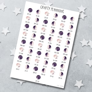 May include: A white sticker sheet titled CRAFTY PLANNING featuring a grid of circular moon phase illustrations in shades of purple and white. Each sticker is paired with a date in a DD-MM format. The bottom right corner displays the code LS-049.