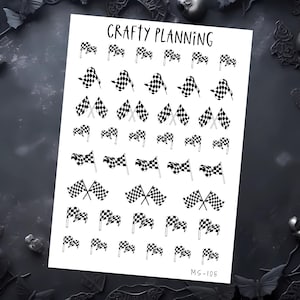 May include: A sheet of stickers with black and white checkered racing flags. The stickers vary in size and arrangement, with the text "CRAFTY PLANNING" at the top and "MS-105" at the bottom. The stickers are on a white background.