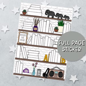 May include: A full page sticker featuring a hand-drawn illustration of a four-shelf bookcase against a white brick wall. The shelves contain white books, potted plants, a purple jar, a sign reading BOOKS I'VE READ, letter blocks A and B, a radio, and headphones.
