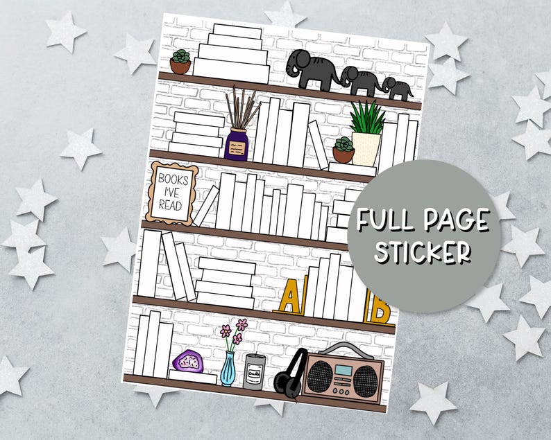 May include: A full page sticker featuring a hand-drawn illustration of a four-shelf bookcase against a white brick wall. The shelves contain white books, potted plants, a purple jar, a sign reading BOOKS I'VE READ, letter blocks A and B, a radio, and headphones.