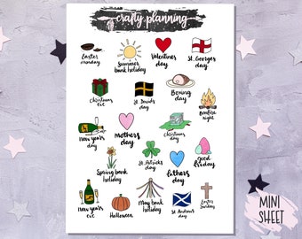 UK National Holiday Stickers, Bank Holiday Stickers, UK Holiday Stickers, Hand Drawn Icons, UK Holiday Icons, Planner Stickers