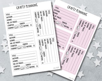 May include: Two printable sheets titled Crafty Planning with sections for book tracking. Each section includes lines for title, author, genre, page count, dates, and a rating scale. One sheet is white, the other has light pink backgrounds for each section.