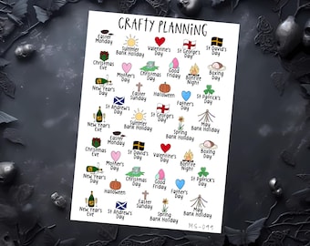 May include: A white planner sticker sheet with the text "Crafty Planning" at the top. The sheet features colorful illustrations and text for various holidays, including Easter, Christmas, Valentine's Day, and Halloween. The sheet also includes the text "MS-099".