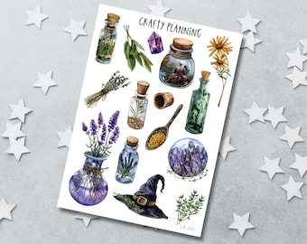 May include: A sticker sheet titled Crafty Planning featuring watercolor illustrations of glass bottles with corks, purple crystals, lavender sprigs, a wooden spoon with seeds, a witch hat, and yellow flowers. The sheet is labeled with LD-021.