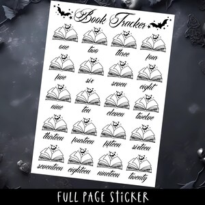 May include: A black and white sticker sheet with a "Book Tracker" design. The sheet features twenty small illustrations of open books, each numbered from one to twenty. Bats and stars decorate the top. The text "FULL PAGE STICKER" is at the bottom.