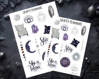 Witchy Stickers, Deco Sticker Sheet, Witchcraft Stickers, Celestial Stickers, Sun And Moon Stickers, Grimoire Stickers, Esoteric Stickers