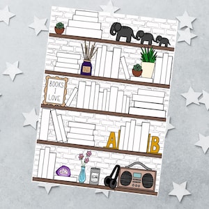 May include: A digital illustration of a white brick wall with four wooden shelves filled with white books, potted succulents, a reed diffuser, a framed sign reading BOOKS I LOVE, gold A and B bookends, a purple geode, flowers, a candle, and a radio.