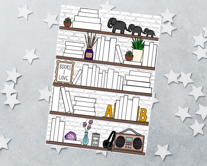 May include: A digital illustration of a white brick wall with four wooden shelves filled with white books, potted succulents, a reed diffuser, a framed sign reading BOOKS I LOVE, gold A and B bookends, a purple geode, flowers, a candle, and a radio.