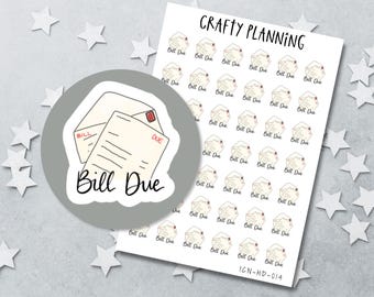 May include: A sticker sheet titled Crafty Planning featuring multiple small illustrations of an envelope with a document inside, labeled Bill Due in black script. The design includes a red stamp and the text Bill Due printed on the document.